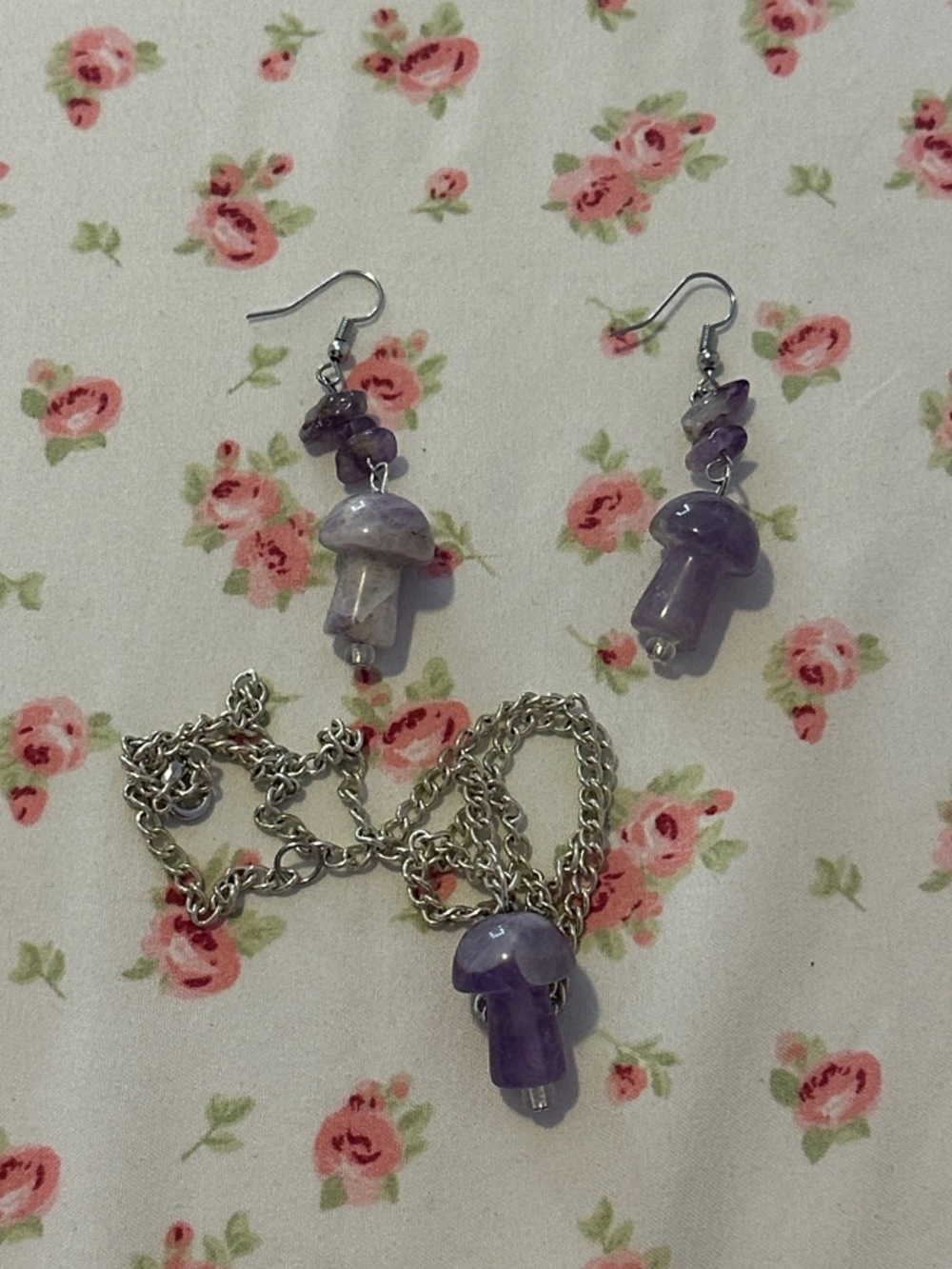 Amethyst Mushroom Pendant Necklace and Earrings Set